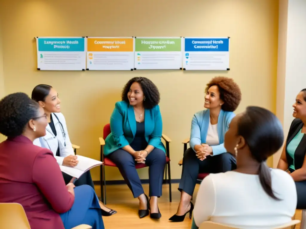 Mujeres diversas participan en una conversación en un centro de salud comunitario, mostrando avances en el acceso a servicios de salud para la mujer