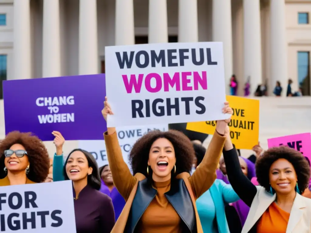 Mujeres diversas protestan por sus derechos frente a un edificio gubernamental, transmitiendo fuerza y determinación