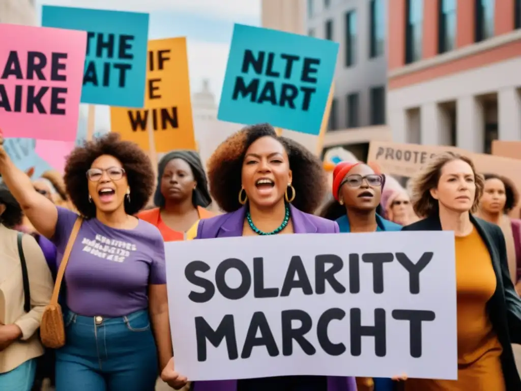 Mujeres diversas muestran fuerza y determinación, unidas en una marcha feminista, evocando empoderamiento y unidad