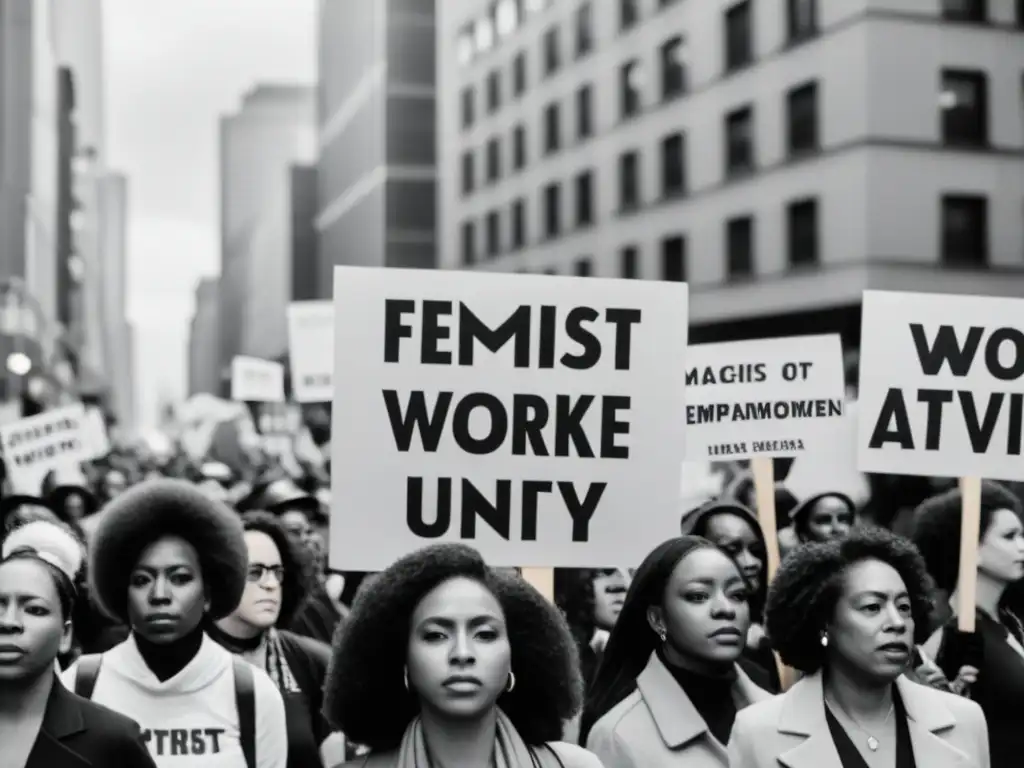 Marcha feminista: mujeres unidas en el empoderamiento urbano Manifestación de mujeres diversas con letreros feministas en la ciudad