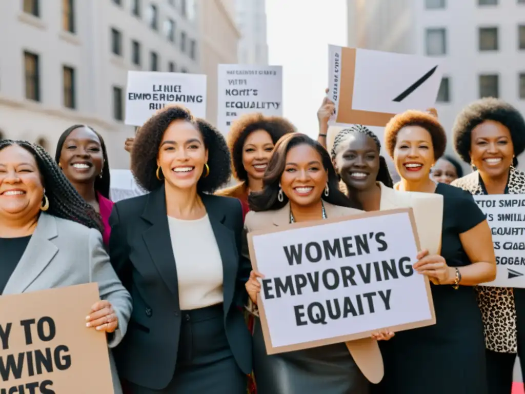 Mujeres diversas unidas con pancartas, transmitiendo fuerza y determinación por los avances en los derechos de las mujeres en el siglo XX