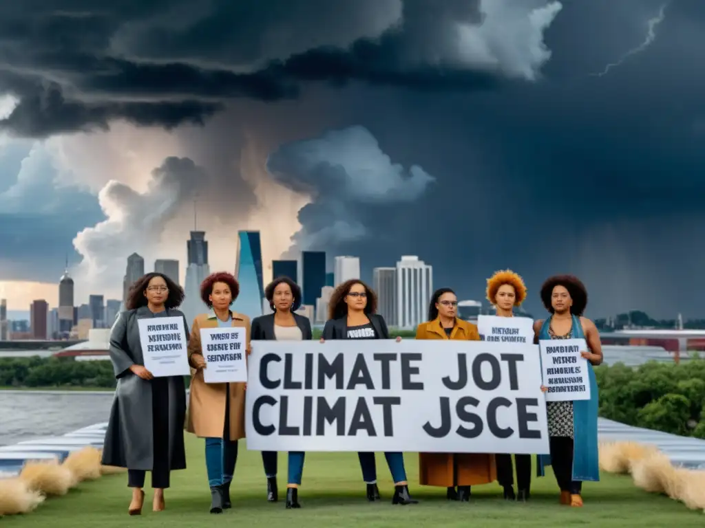 Mujeres diversas llevan pancartas por la justicia climática frente a la ciudad, con nubes de tormenta