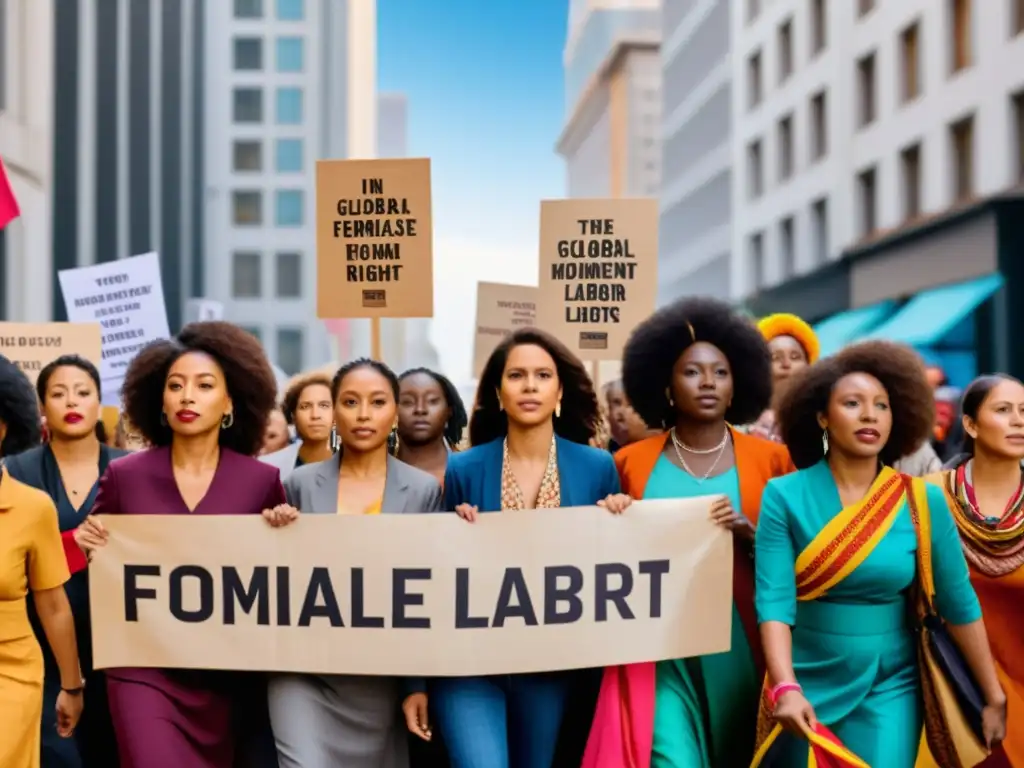 Mujeres diversas marchan con pancartas en protestas laborales por derechos humanos