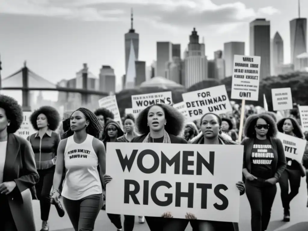 Mujeres diversas marchan unidas en protesta por los derechos, con carteles y determinación