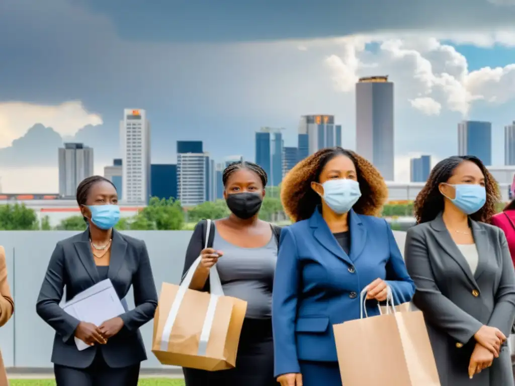 Mujeres en fila con mascarillas, sosteniendo niños y documentos afuera de un centro de distribución de alimentos