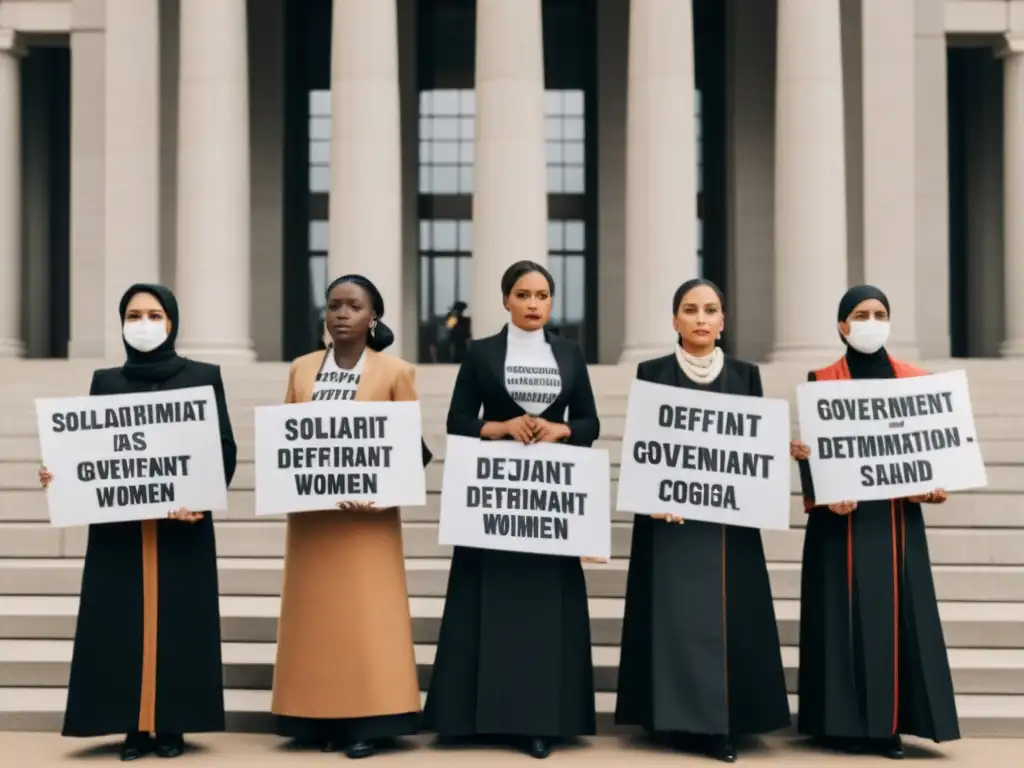 Mujeres con determinación y tradición protestan frente a un edificio gubernamental, simbolizando el papel femenino en dictaduras