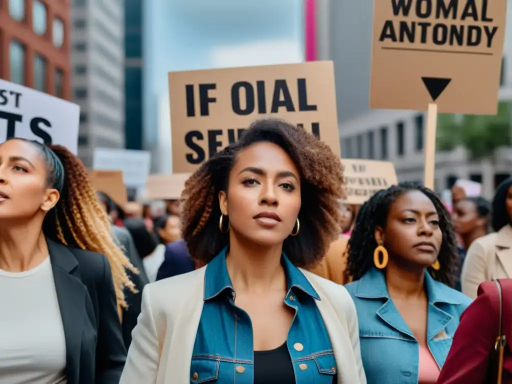 Mujeres fuertes en protesta por el control de la sexualidad femenina, expresando determinación y unidad en la lucha por sus derechos