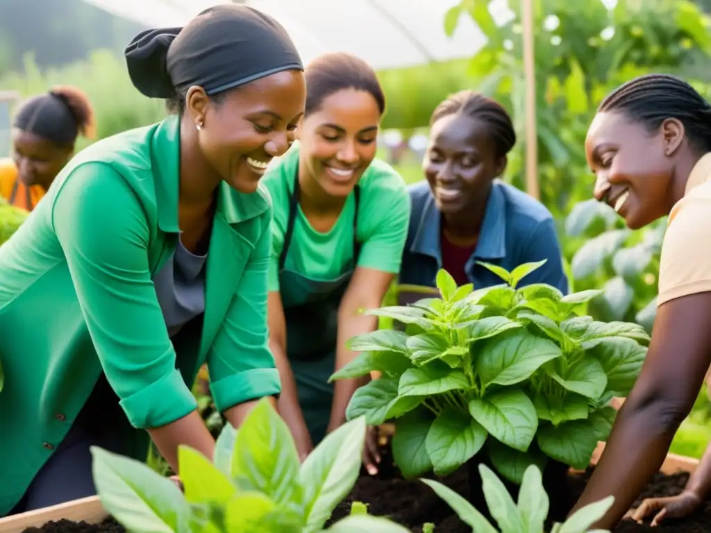 Colaboración en huerto comunitario: mujeres lideran iniciativas de cambio climático Mujeres y hombres colaboran en un huerto comunitario, discutiendo prácticas sostenibles
