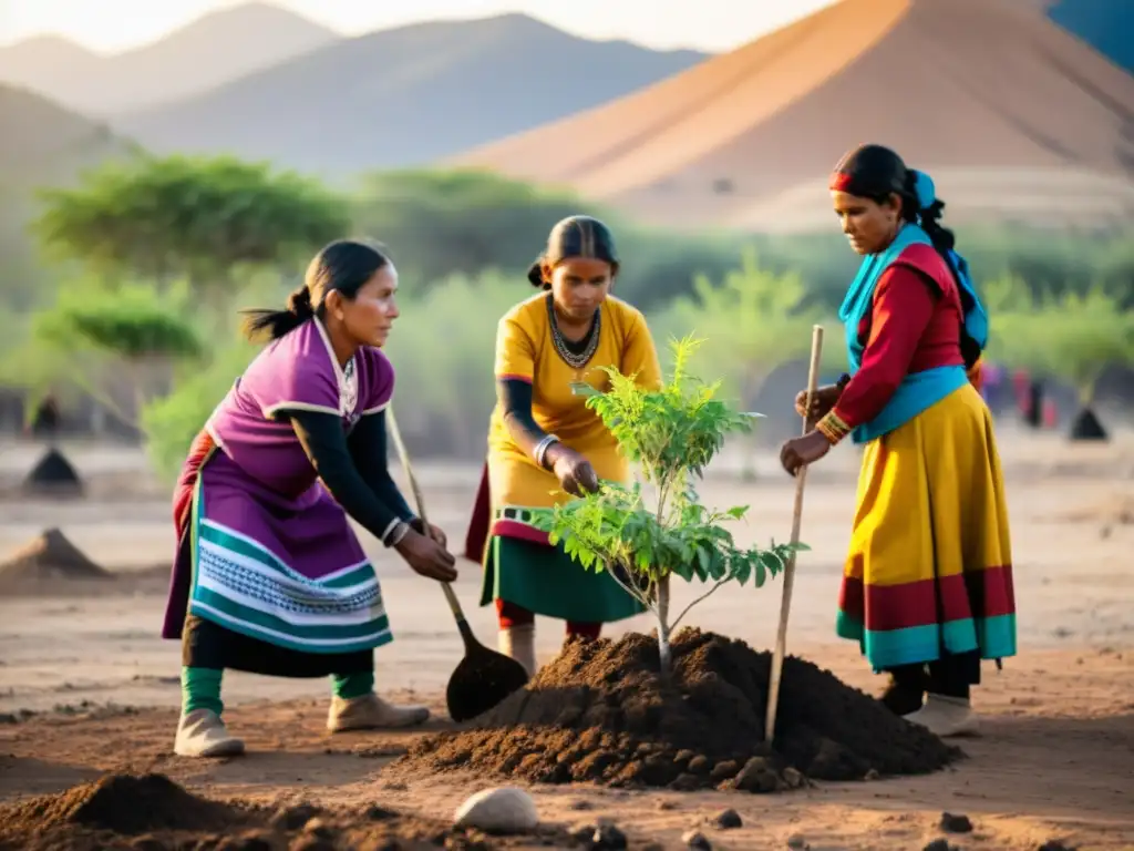 Mujeres indígenas plantan árboles en tierra deforestada, rodeadas de niños y ancianos