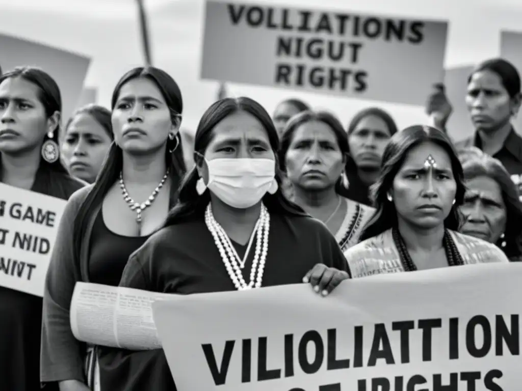 Mujeres indígenas con carteles denunciando esterilizaciones forzadas, expresando determinación y dolor por la violación de sus derechos humanos