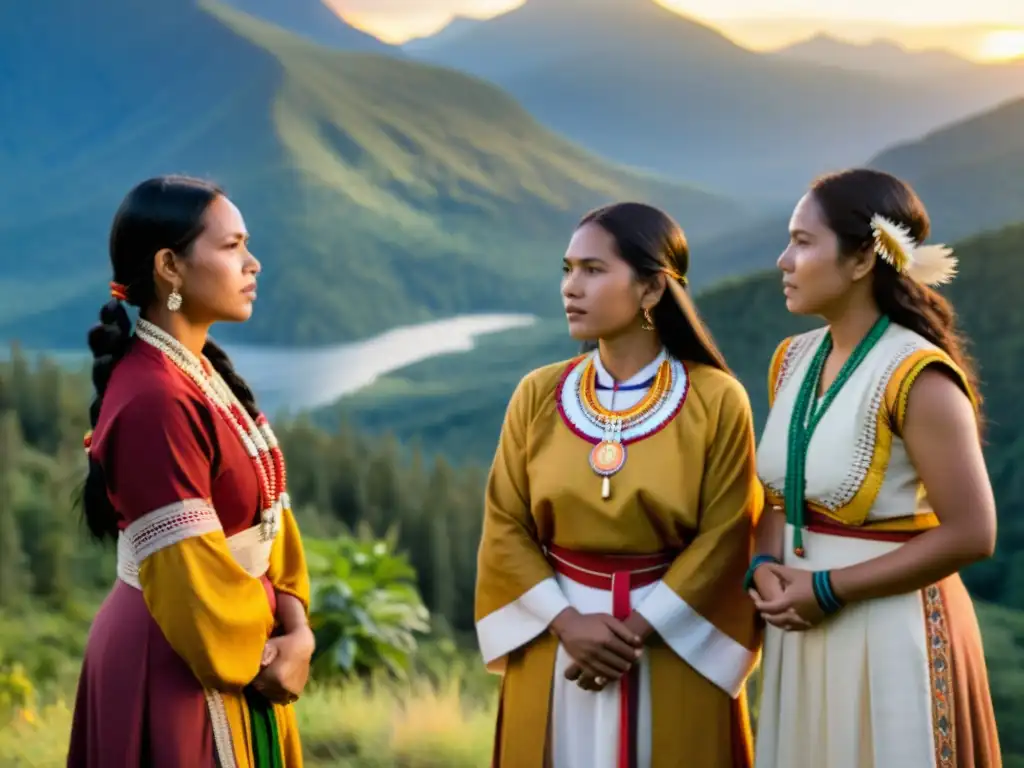 Mujeres indígenas en círculo, unidas y fuertes, defendiendo derechos humanos en paisaje natural de montañas y bosques al atardecer