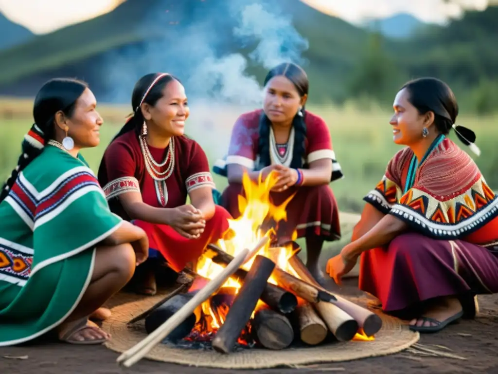 Mujeres indígenas en comunidad, realizando una ceremonia tradicional alrededor del fuego, destacando el papel de la mujer indígena