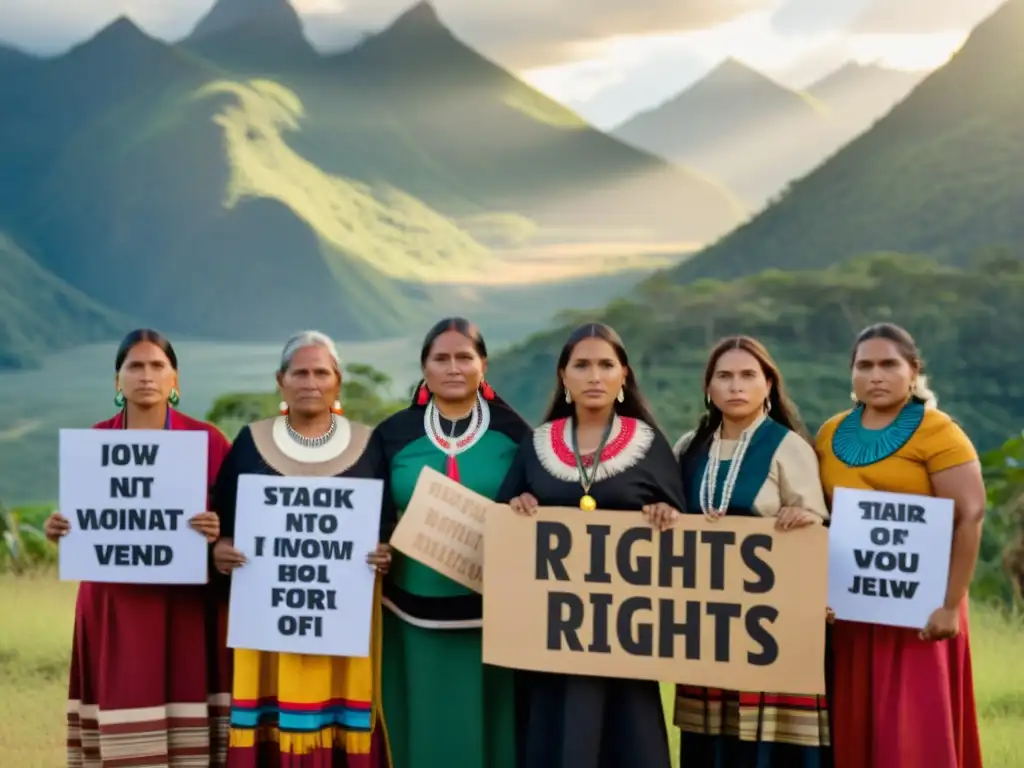 Mujeres indígenas defendiendo derechos humanos con determinación, unidas en la lucha por la justicia bajo el cálido sol de la naturaleza