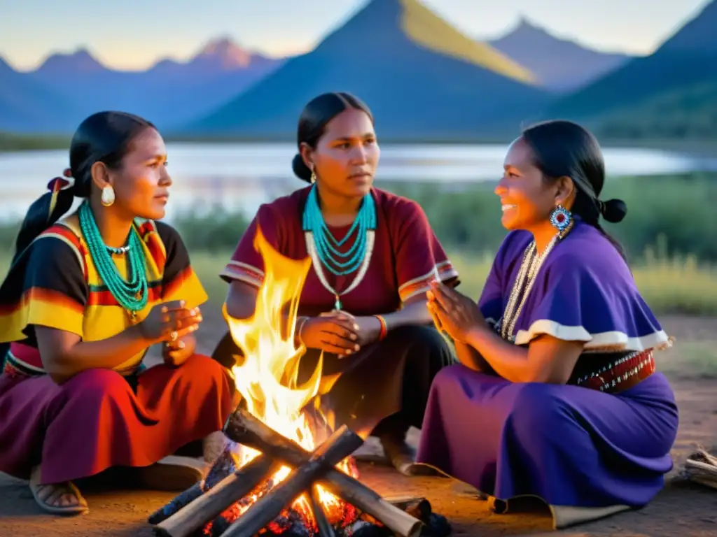 Mujeres indígenas defendiendo sus derechos humanos, participando en una ceremonia tradicional alrededor de un fuego en la montaña al anochecer