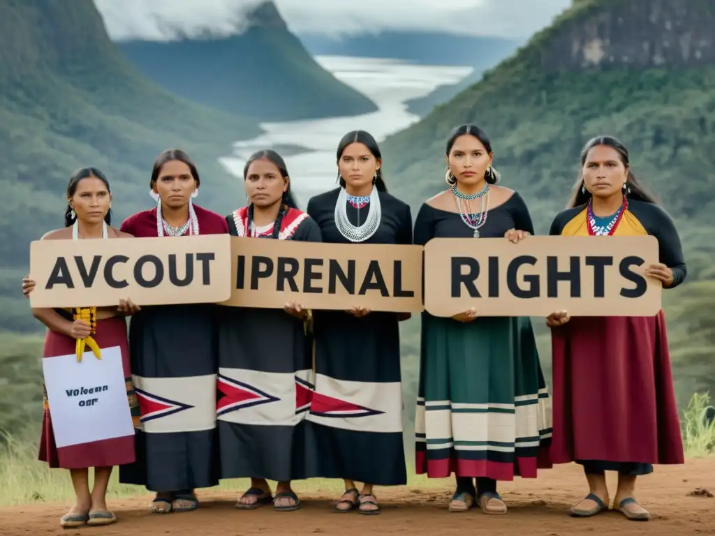Mujeres indígenas defendiendo derechos humanos con determinación y fuerza en su entorno natural