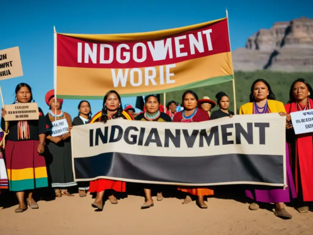 Mujeres indígenas en protesta: fuerza y color en defensa de sus derechos Mujeres indígenas en protesta por derechos humanos y territoriales, unidas y empoderadas, expresando determinación y colorida tradición