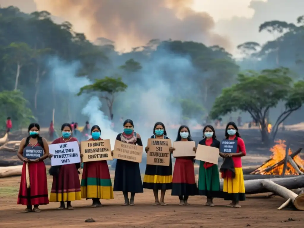 Mujeres indígenas en protesta contra la deforestación, expresando determinación y urgencia por la justicia climática