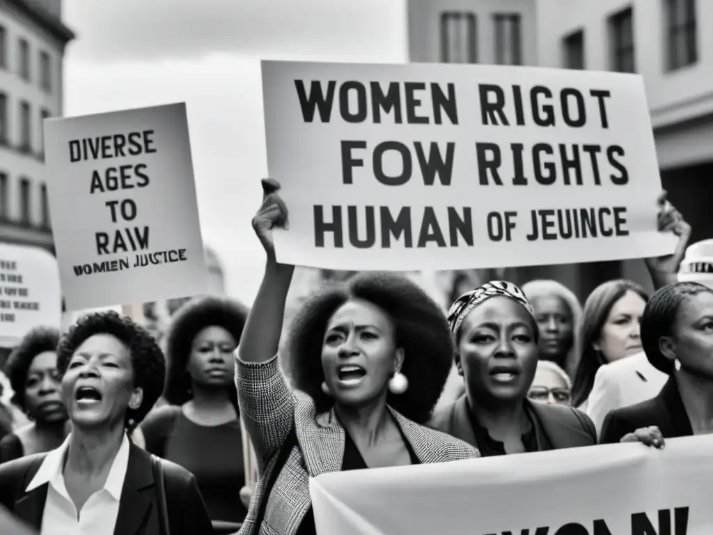 Mujeres influyentes olvidadas en la historia marchan unidas por sus derechos, mostrando determinación y fuerza en una protesta histórica