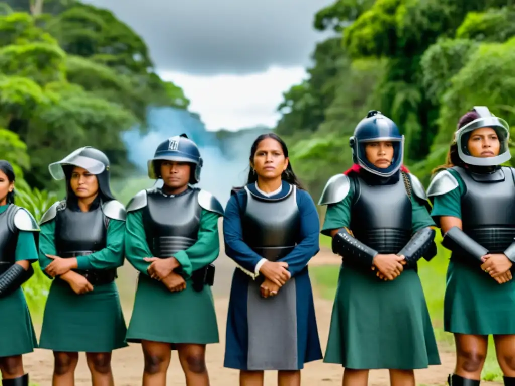 Mujeres luchando contra la injusticia climática, enfrentando a la policía en un bosque exuberante