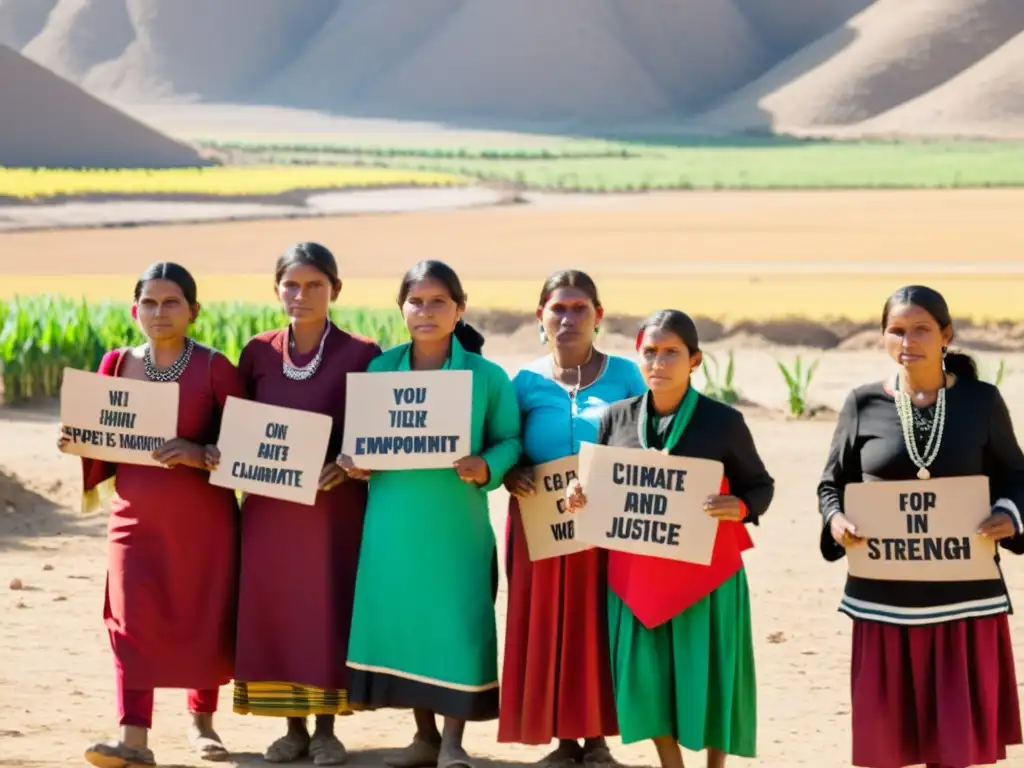 Mujeres luchando por la justicia climática y la igualdad, unidas en su lucha, reflejando resiliencia y fuerza en su comunidad