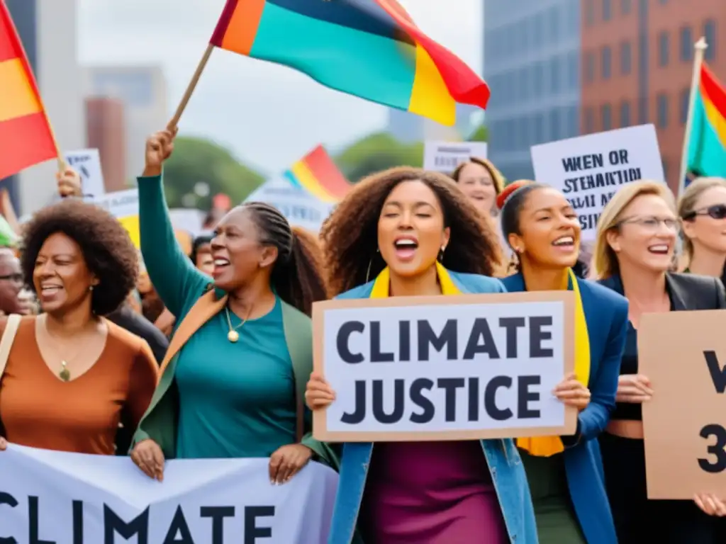 Mujeres luchando por la justicia climática, unidas en protesta con mensajes poderosos y determinación visible