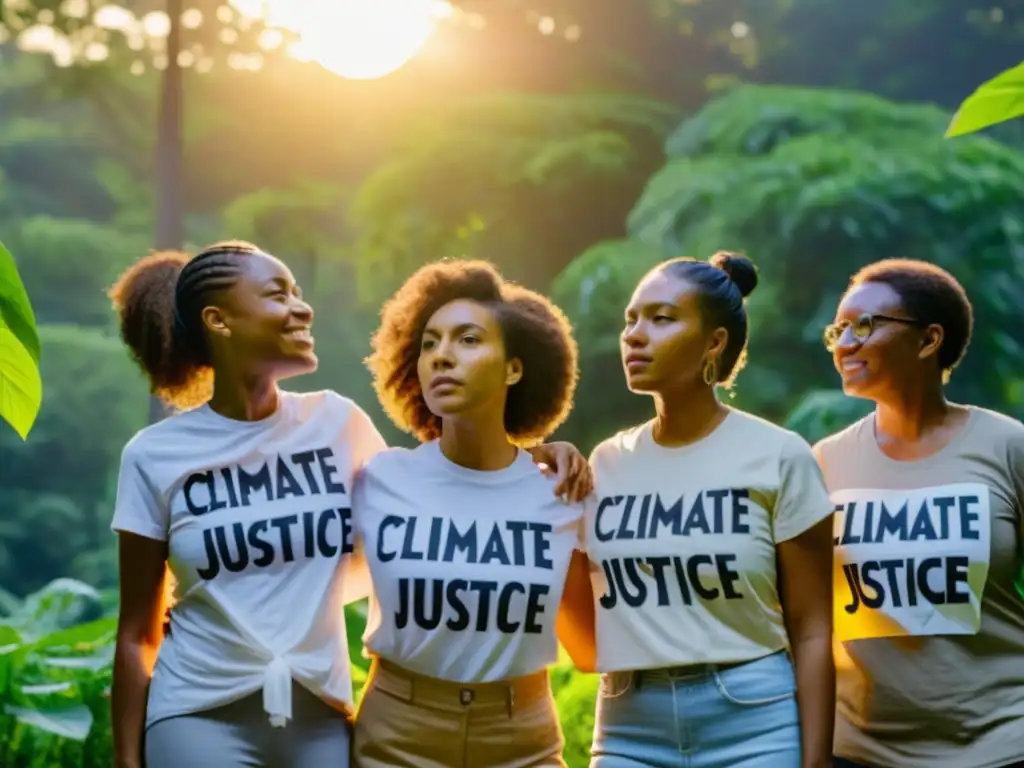 Mujeres unidas en la lucha por la justicia climática y el medio ambiente, rodeadas de naturaleza exuberante al atardecer