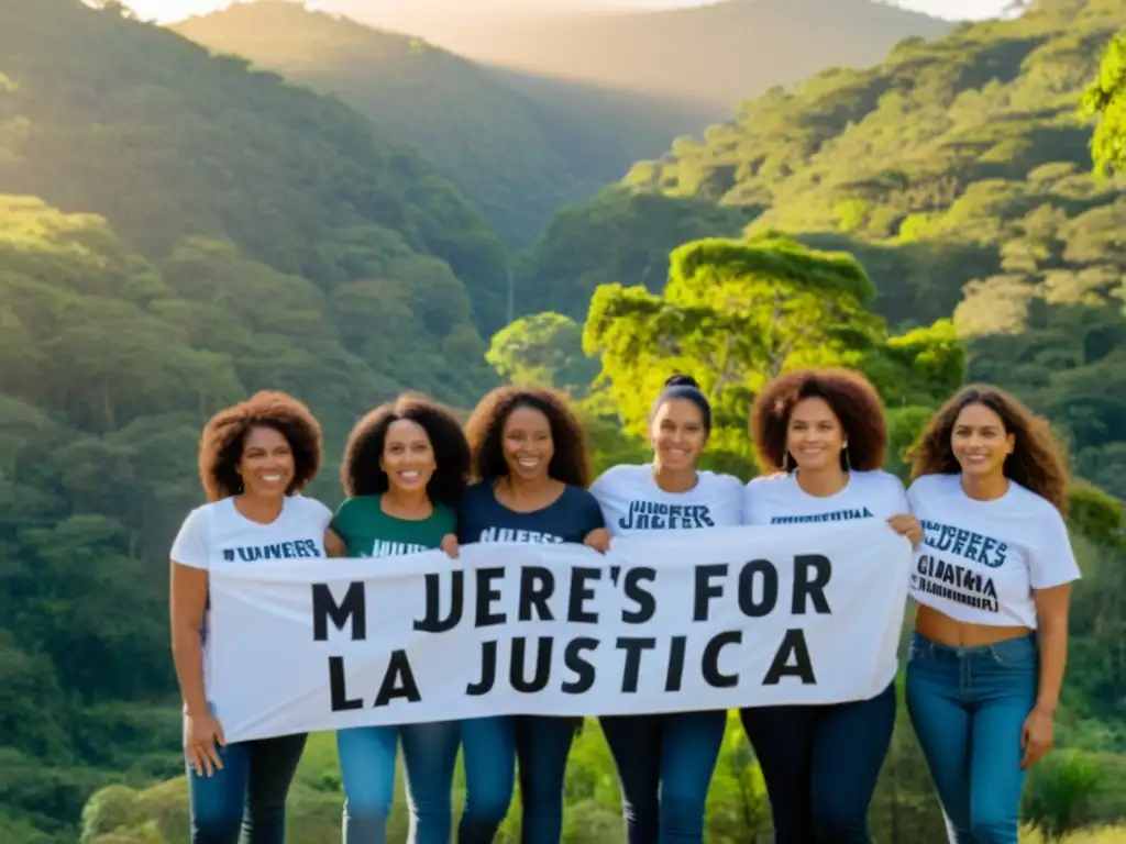 Mujeres unidas por la lucha, justicia climática y medio ambiente, empoderadas ante un bosque iluminado por el sol