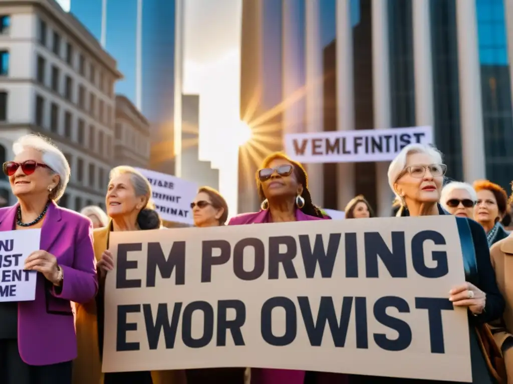 Mujeres mayores activas en protesta feminista, con pancartas y energía vibrante, desafiando la invisibilización en movimientos feministas