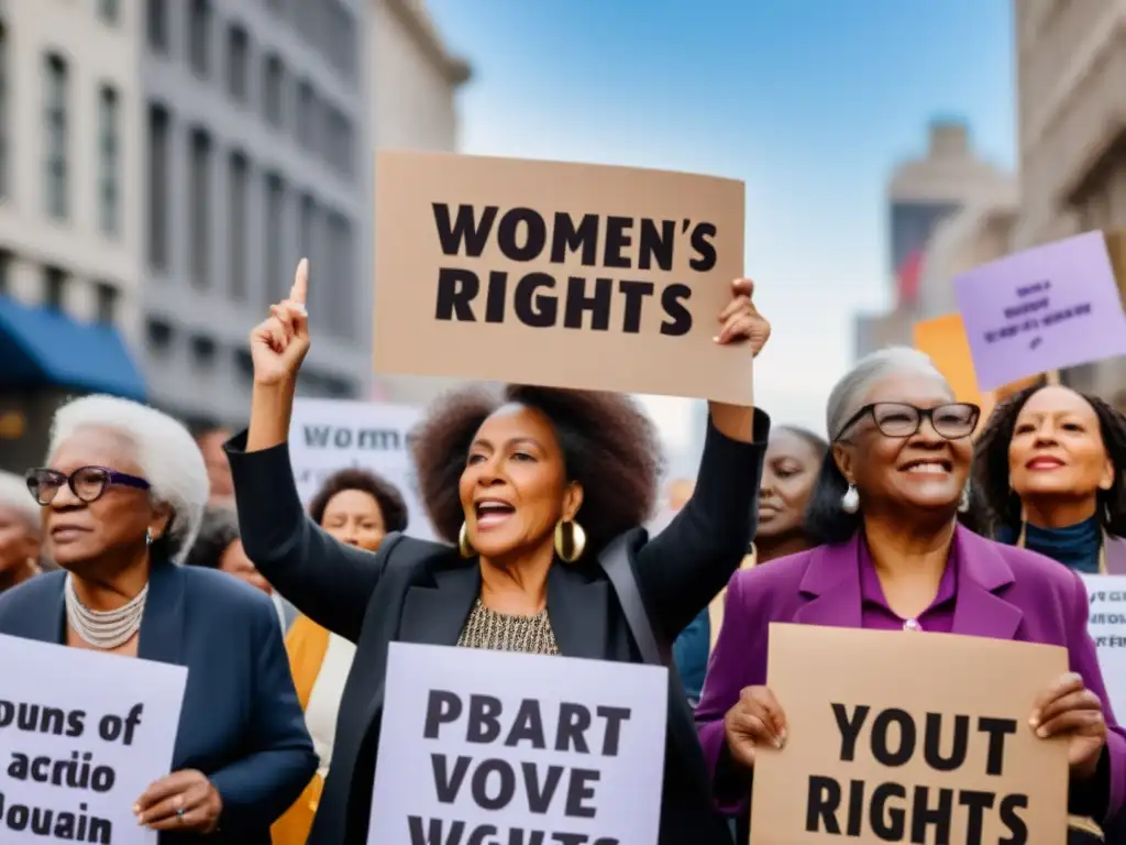 Mujeres mayores empoderadas marchando en protesta por los derechos de las mujeres, desafiando la invisibilidad en movimientos feministas