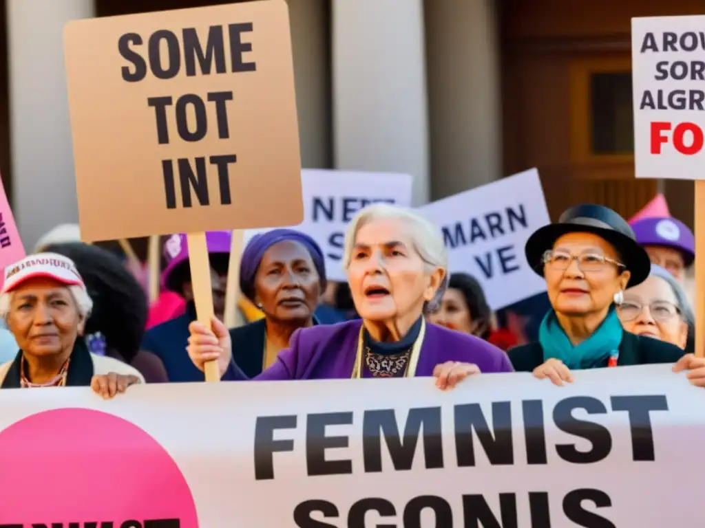 Mujeres mayores liderando movimientos feministas en marcha con pancartas y banderas, rodeadas de activistas y partidarios de todas las edades