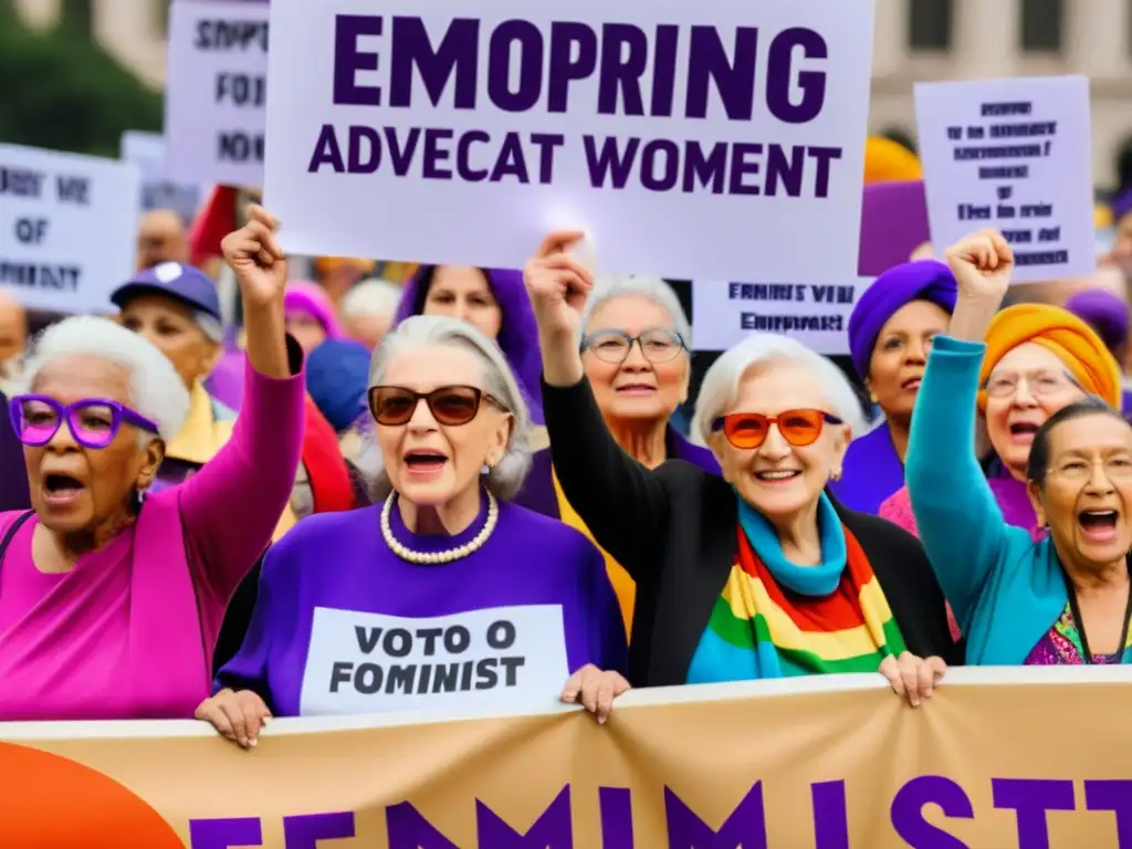 Mujeres mayores unidas en protesta feminista, destacando invisibilización en movimientos feministas