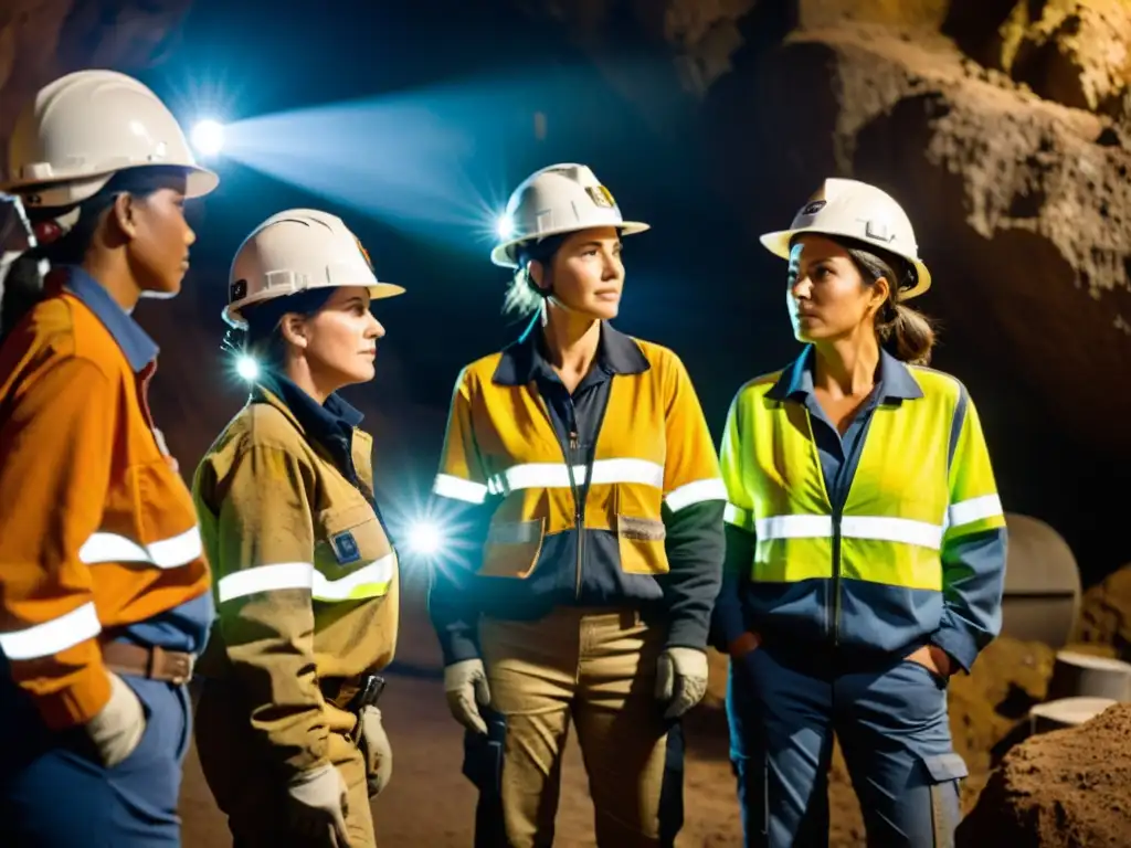 Mujeres mineras operan maquinaria en mina oscura y desafiante, mostrando su resiliencia en la vulnerabilidad mujeres industria minera