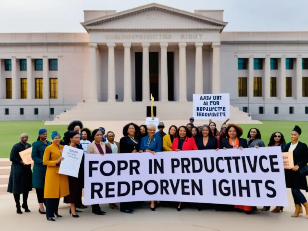 Diversas mujeres del mundo unidas por la evolución de los derechos reproductivos de la mujer, frente a un edificio gubernamental