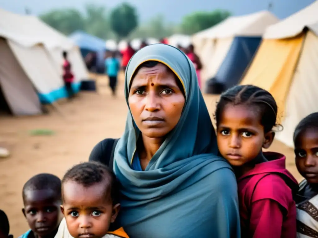 Mujeres y niños en un campamento de refugiados, mostrando la resistencia ante la violencia de género en refugiados