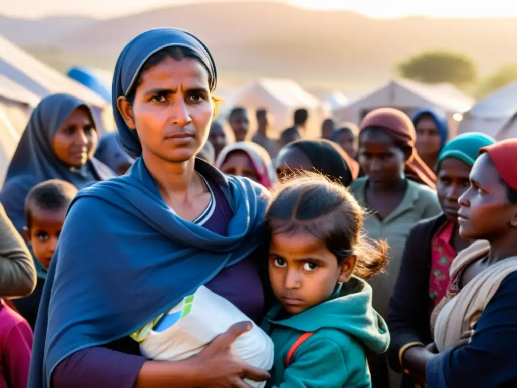 Mujeres y niños en un campamento de refugiados, enfrentando retos específicos en medio de una crisis humanitaria