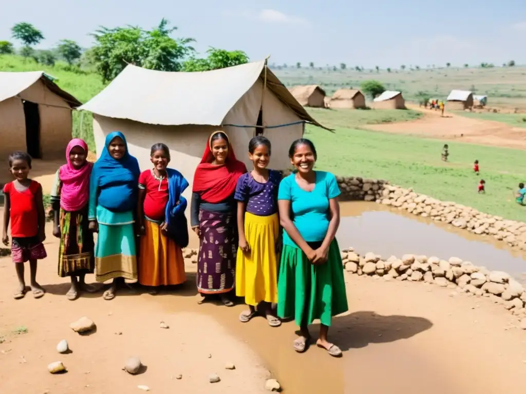 Mujeres y niños de una comunidad marginada junto a un pozo comunitario, mostrando resiliencia y determinación