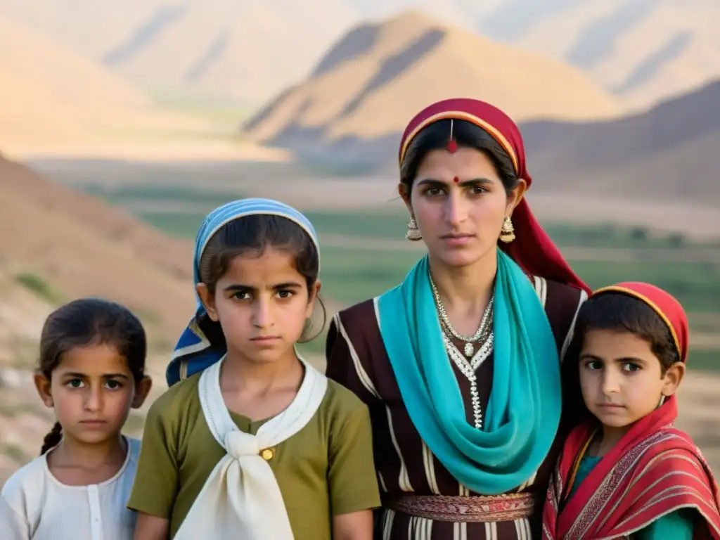 Mujeres yazidíes y niños con determinación frente a paisaje montañoso, simbolizando la fuerza y resiliencia de su comunidad en la lucha por los derechos humanos