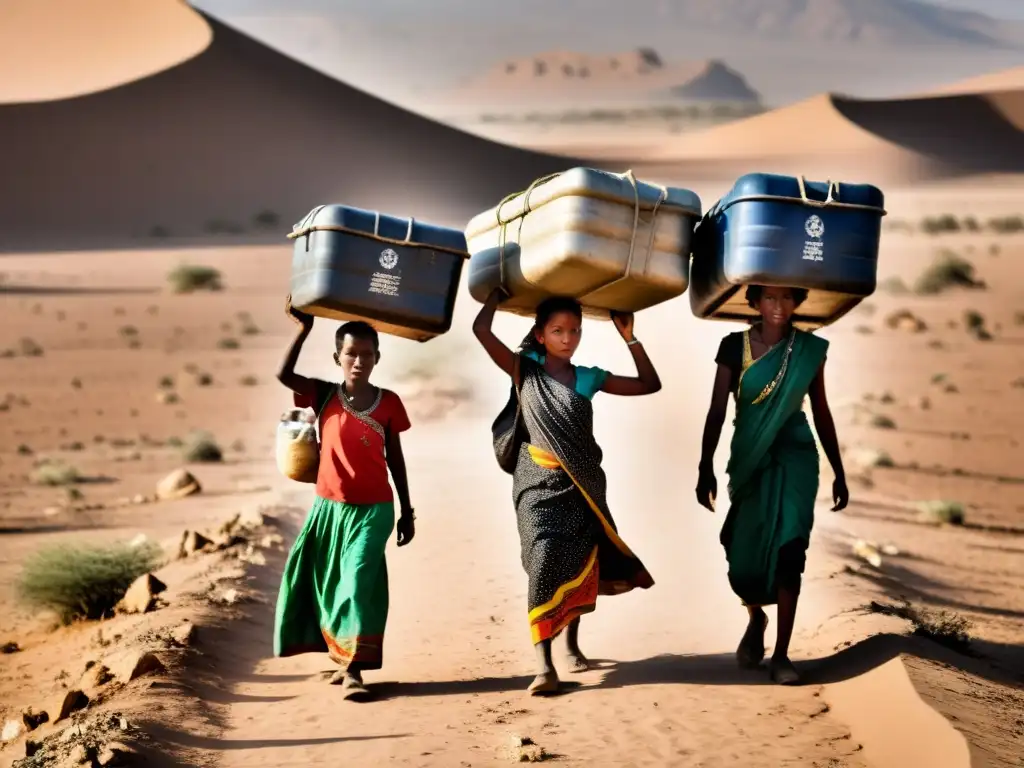 Mujeres y niños caminan en un paisaje árido y seco, destacando el impacto de género del cambio climático en sus vidas