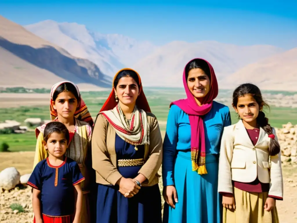 Mujeres yazidíes y niños de pie frente a un paisaje montañoso, mostrando fuerza y determinación