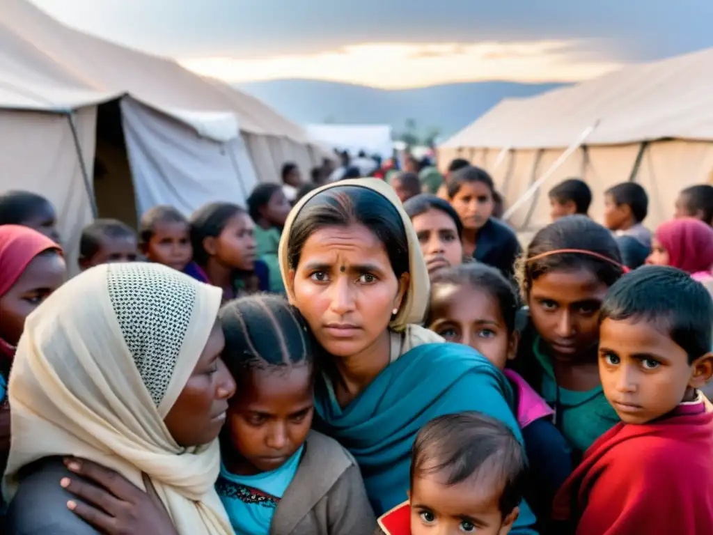 Mujeres y niños en un precario campamento de refugiados, enfrentando retos específicos en crisis humanitarias