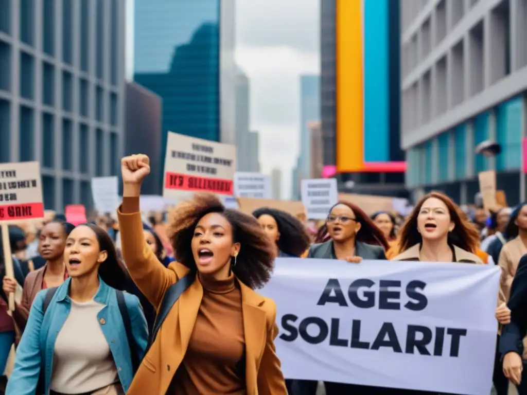 Manifestación de mujeres con pancartas en la ciudad, representando la lucha por los derechos humanos y el impacto de la revolución sexual