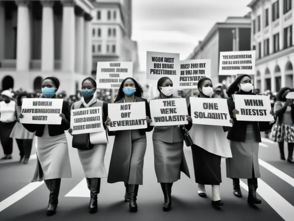 Mujeres marchando con pancartas en protesta, vistiendo trajes tradicionales