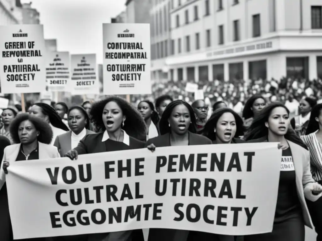 Mujeres marchando en protesta por sus derechos culturales en sociedades patriarcales, expresando determinación y empoderamiento