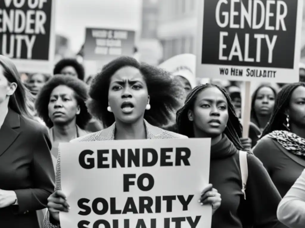 Mujeres marchando en protesta por la igualdad de género en la historia, con determinación en sus rostros y mensajes poderosos en sus pancartas