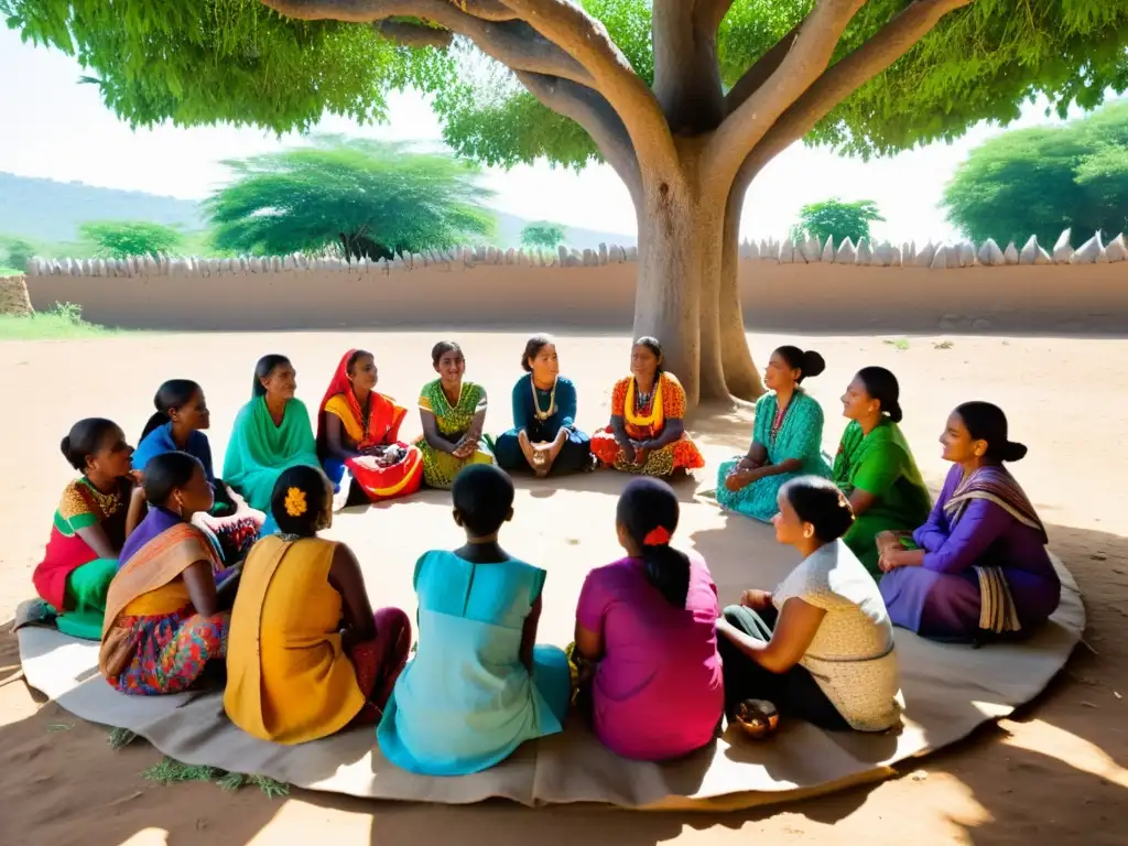 Mujeres en un pueblo rural, conversando sobre derechos de la mujer y reconstrucción postconflicto bajo un árbol