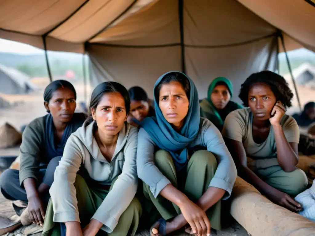 Mujeres en refugio en zona de guerra, reflejando impacto de las guerras en mujeres