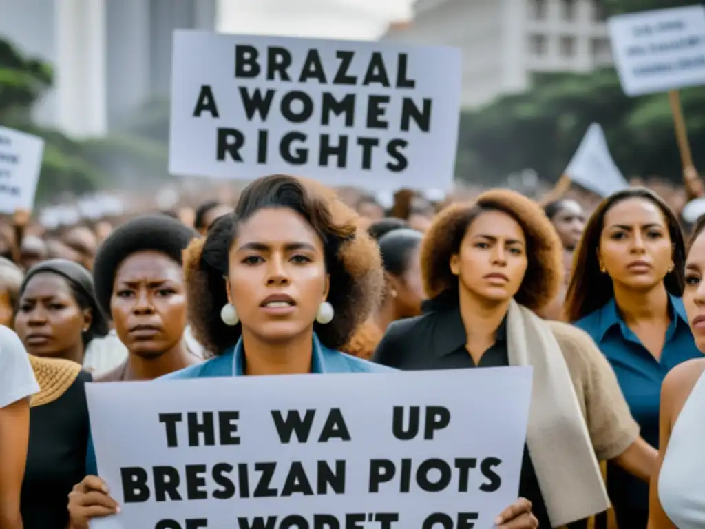 Mujeres en resistencia durante dictadura brasileña: Fotografía en blanco y negro de mujeres enérgicas sosteniendo pancartas en protesta