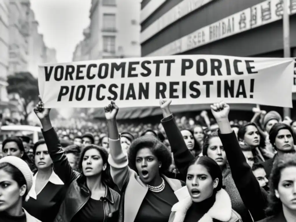 Mujeres en resistencia durante la dictadura brasileña: grupo de mujeres desafiantes en protesta, levantando el puño y sosteniendo pancartas