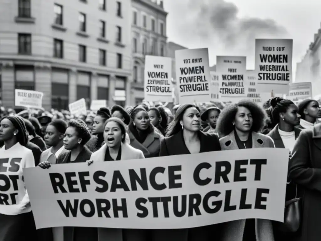 Mujeres en resistencia durante la dictadura brasileña: grupo de mujeres con determinación, sosteniendo pancartas en una calle llena de gente marchando