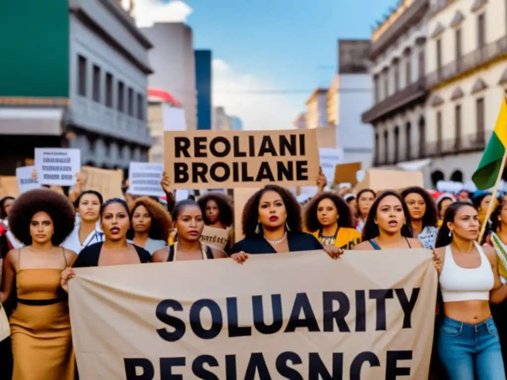 Mujeres en resistencia durante dictadura brasileña: Grupo valiente de mujeres protestando en las calles con pancartas y trajes tradicionales